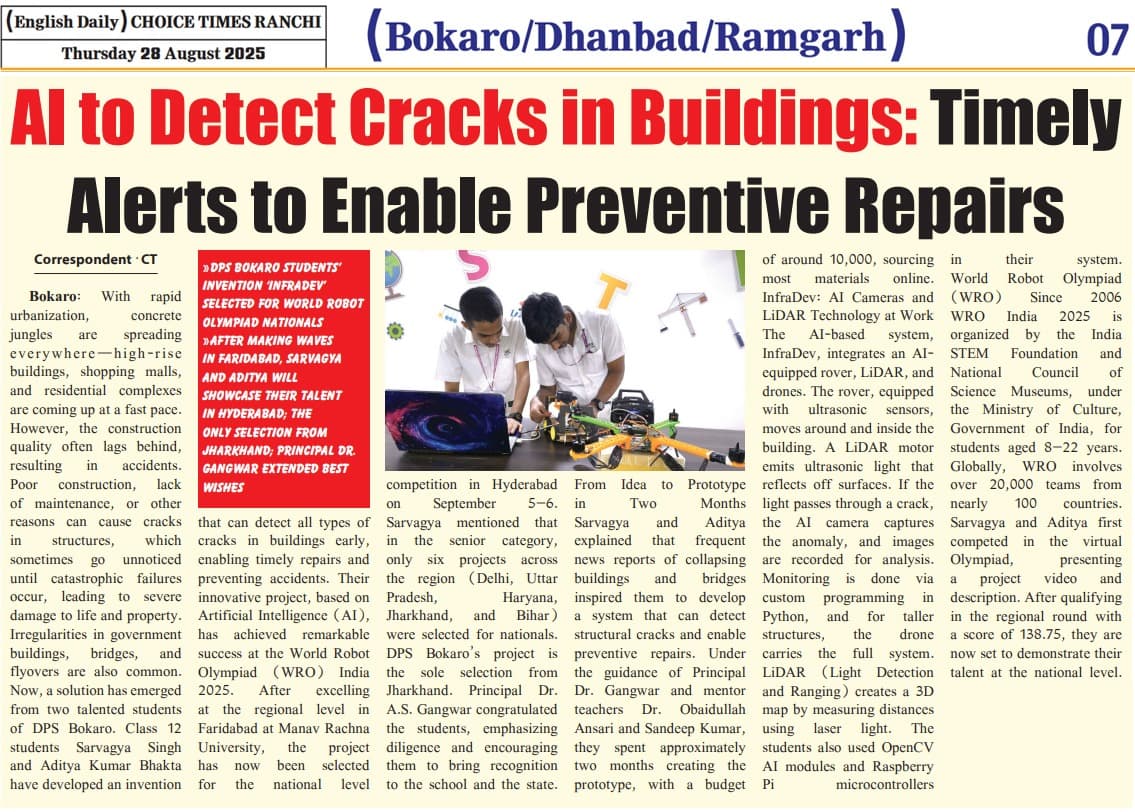 New Innovation By Students of DPS Bokaro to help detect faults in buildings